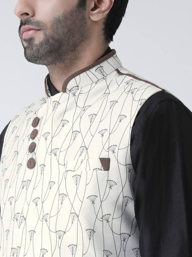 Men's Off White 
Cotton Blend
 Printed Nehru Jackets
